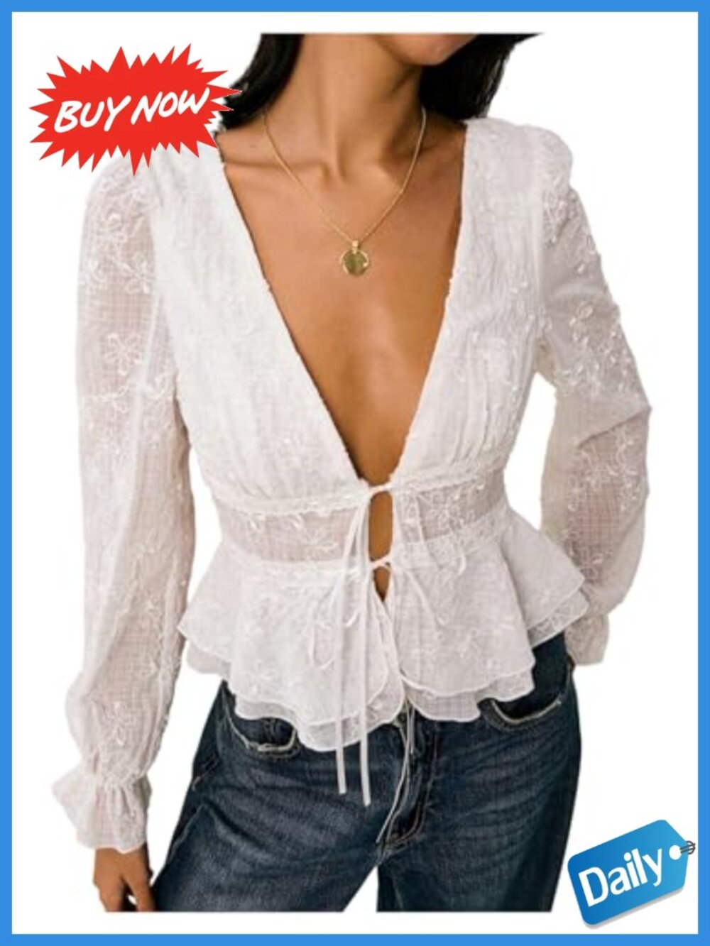 Floral Embroidery Blouse Deep V Neck Ruffle Hem Peplum Top